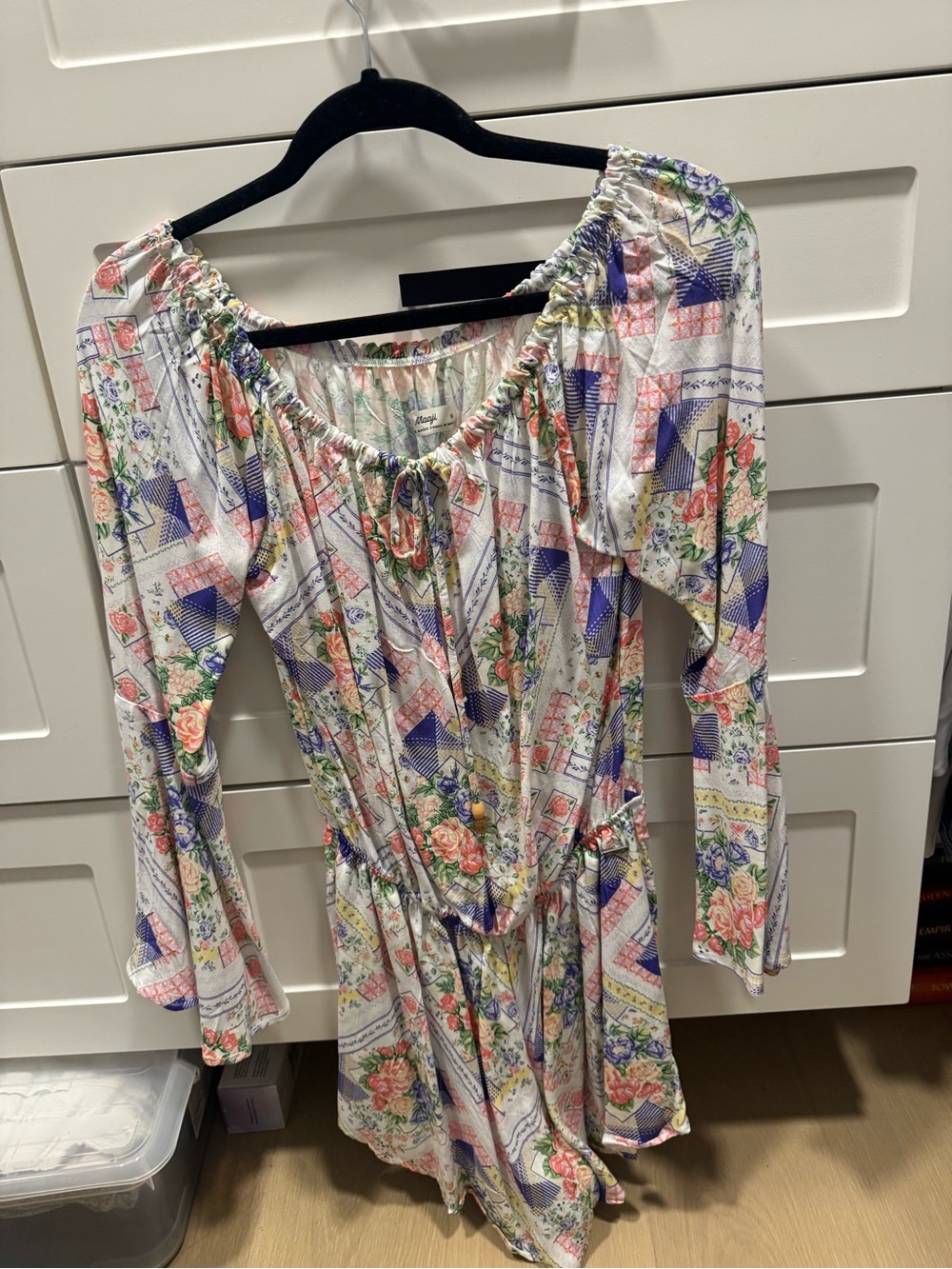 Floral Patchwork Long-Sleeve Women’s Dress - White with Pink & Blue